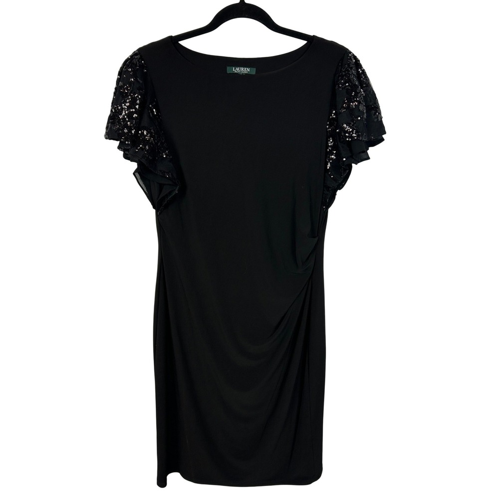Lauren Black Sequin Flutter Sleeve Sheath‎ Wedding Guest Dress Size XS Small
